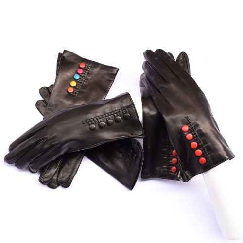 Kidskin leather gloves silk lined with colored buttons