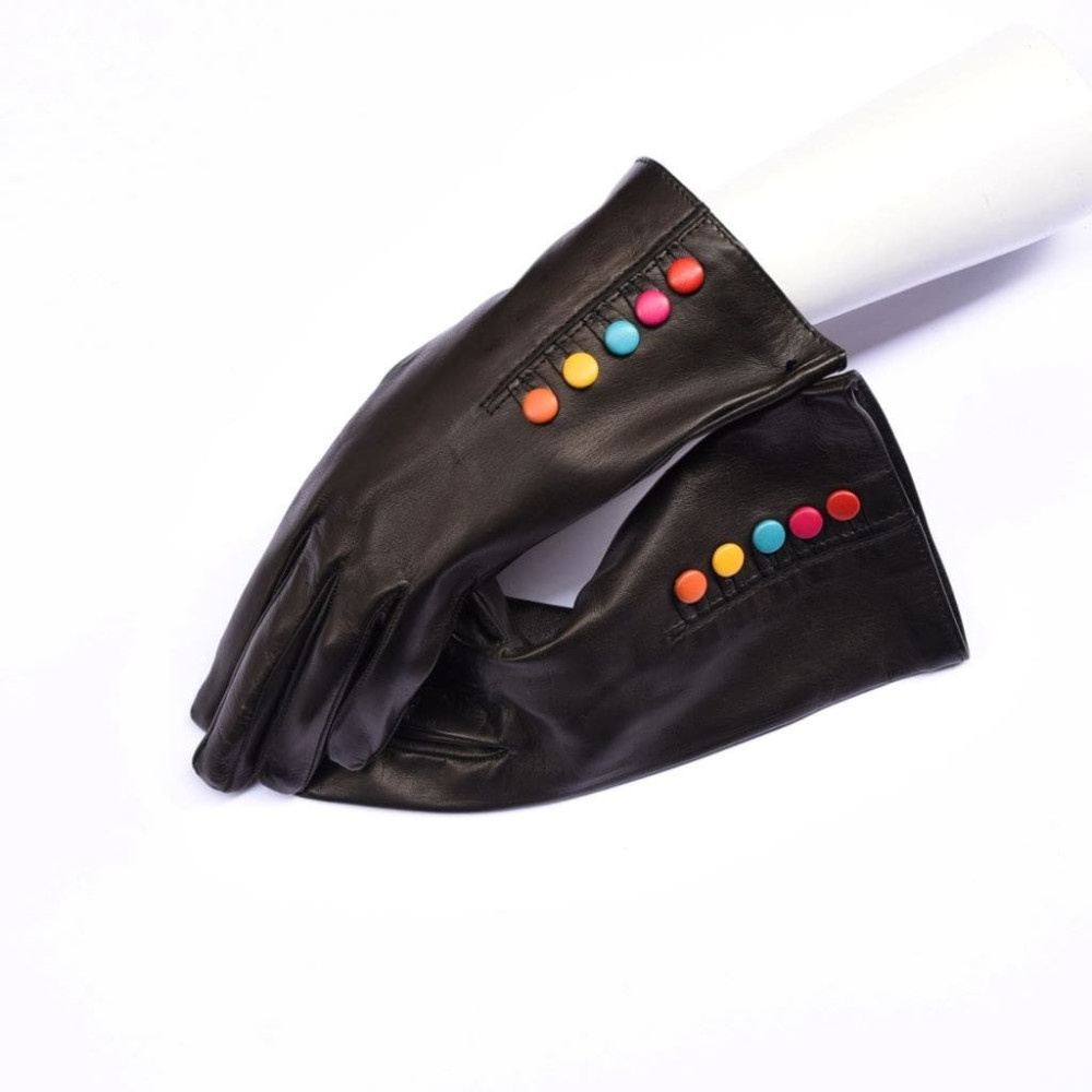 Kidskin leather gloves silk lined with colored buttons