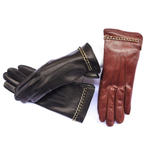 Kidskin leather gloves cashmere lined with gold chain