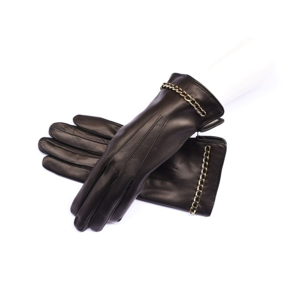 Kidskin leather gloves cashmere lined with gold chain