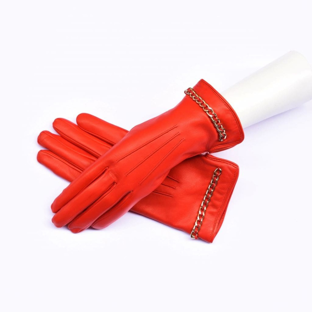 Kidskin leather gloves cashmere lined with gold chain