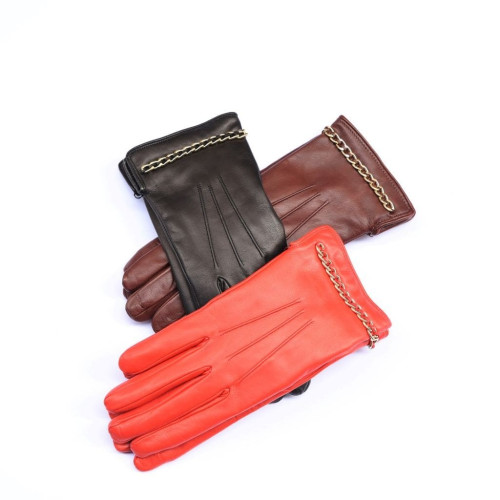 Kidskin leather gloves cashmere lined with gold chain