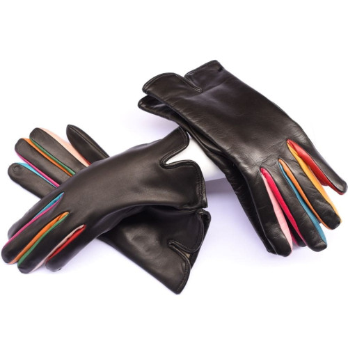 Guanti in pelle foderati in cashmere con dita colorate