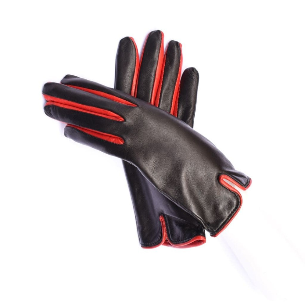 Kidskin leather gloves cashmere lined red fingers Color Black Gloves